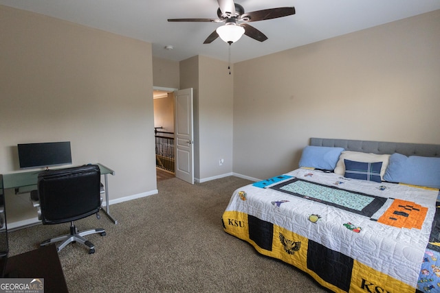 bedroom featuring ceiling fan and dark carpet