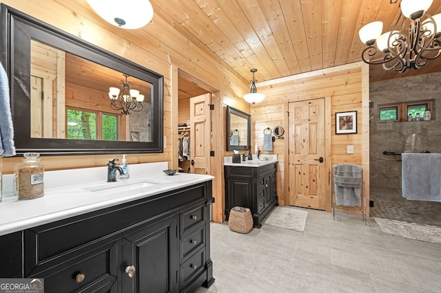 bathroom with a shower, vanity, wooden ceiling, an inviting chandelier, and wooden walls