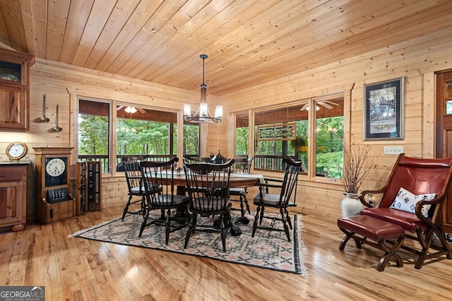 dining area with a healthy amount of sunlight, wood walls, light hardwood / wood-style flooring, and a notable chandelier