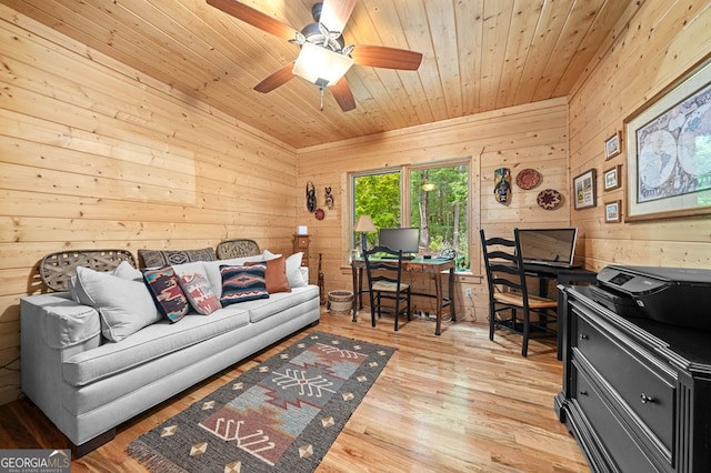 office space with ceiling fan, light hardwood / wood-style flooring, wood walls, and wooden ceiling