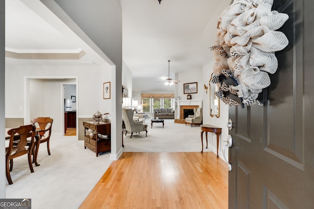 entrance foyer featuring crown molding, light wood-type flooring, and ceiling fan