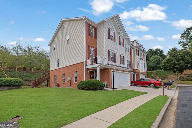 view of property exterior with a lawn and a garage