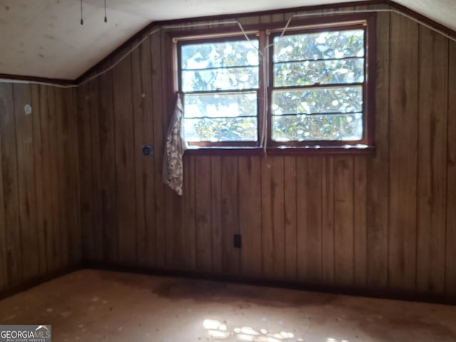 additional living space with vaulted ceiling and wooden walls