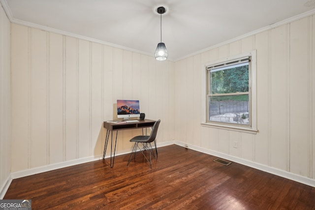 office area featuring ornamental molding and dark hardwood / wood-style floors