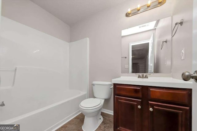 full bathroom with vanity, bathing tub / shower combination, toilet, and tile patterned floors