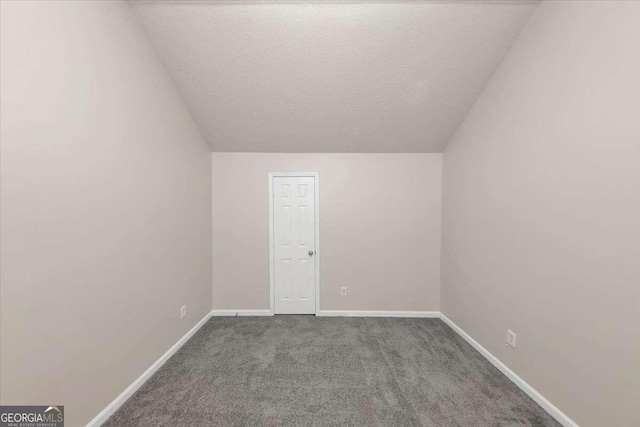 spare room with a textured ceiling, lofted ceiling, and carpet flooring