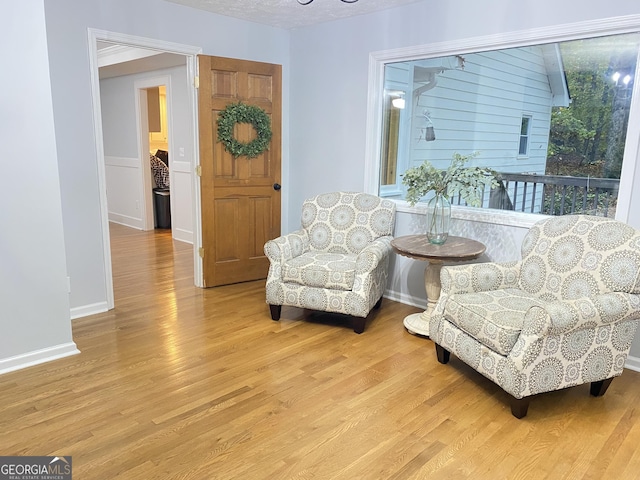 living area with a textured ceiling and light hardwood / wood-style flooring