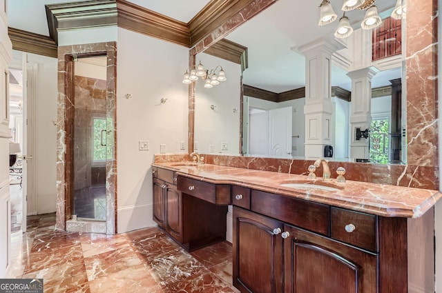 9620 Cedar Grove Rd, Fairburn, GA 30213 - full bath with marble tiled flooring, crown molding, double vanity, decorative columns, and a shower stall