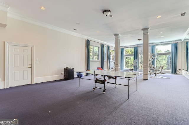 9620 Cedar Grove Rd, Fairburn, GA 30213 - playroom with decorative columns, carpet flooring, ornamental molding, recessed lighting, and baseboards