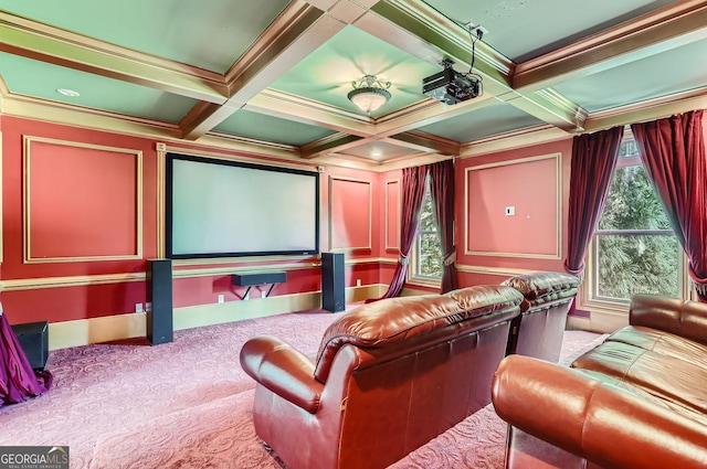 9620 Cedar Grove Rd, Fairburn, GA 30213 - home theater with carpet floors, beam ceiling, and coffered ceiling