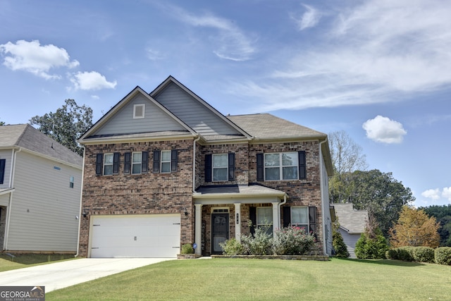 view of front of property with a front lawn and a garage