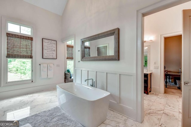 bathroom with vanity, vaulted ceiling, and a washtub