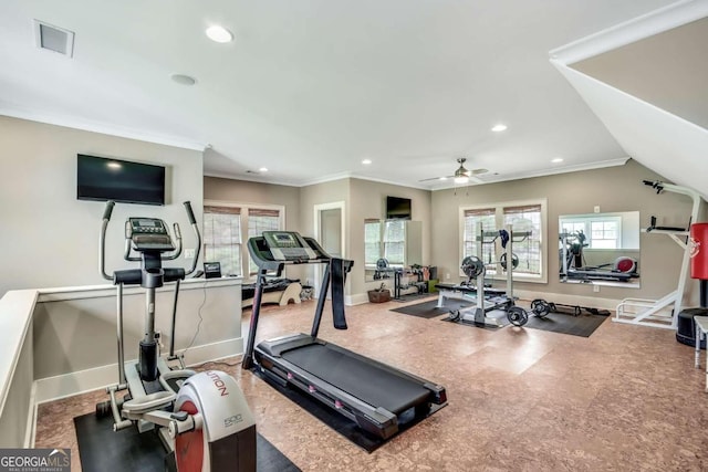 exercise area featuring crown molding and ceiling fan