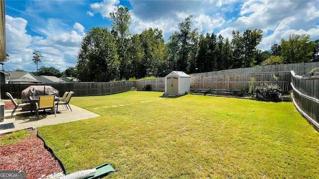 view of yard with a storage shed and a patio area