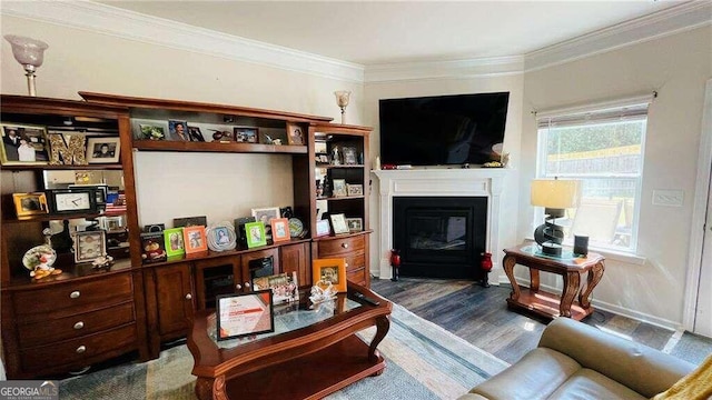 living room with ornamental molding and hardwood / wood-style flooring