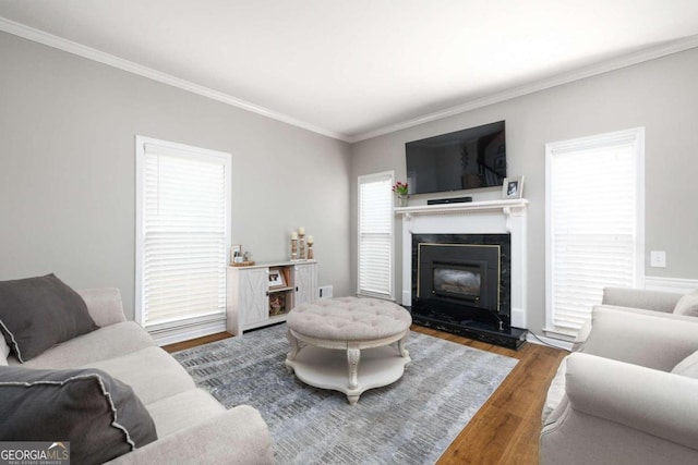 living room featuring hardwood / wood-style floors and crown molding