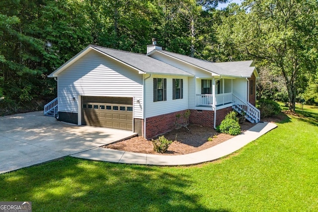 single story home with a front lawn, a porch, and a garage