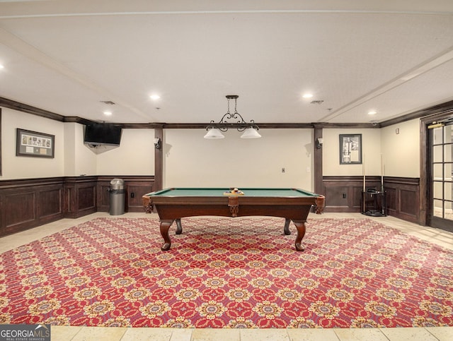 playroom with pool table and ornamental molding