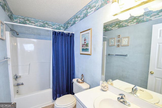 full bathroom featuring vanity, a textured ceiling, toilet, and shower / bathtub combination with curtain