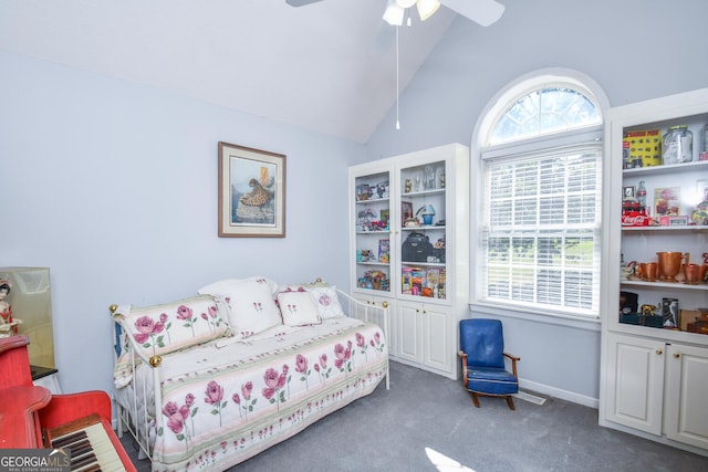 carpeted bedroom with lofted ceiling and ceiling fan