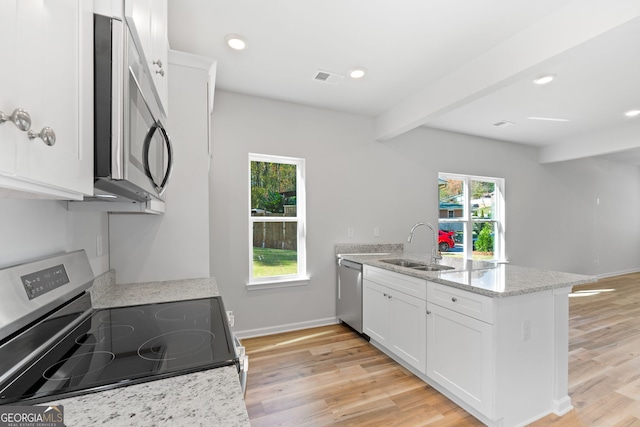 kitchen with sink, white cabinets, light hardwood / wood-style floors, stainless steel appliances, and light stone countertops