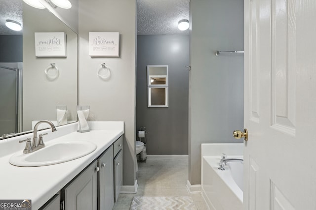 full bathroom featuring vanity, plus walk in shower, toilet, and a textured ceiling