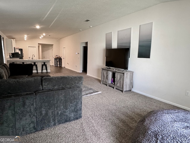 carpeted living room featuring vaulted ceiling, a textured ceiling, and sink