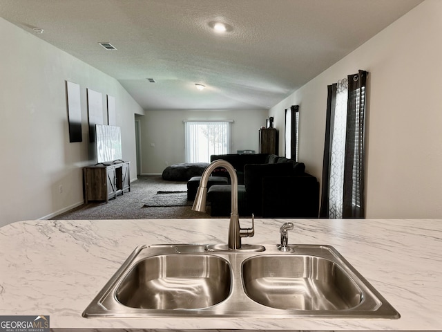 kitchen featuring lofted ceiling, a textured ceiling, carpet floors, and sink