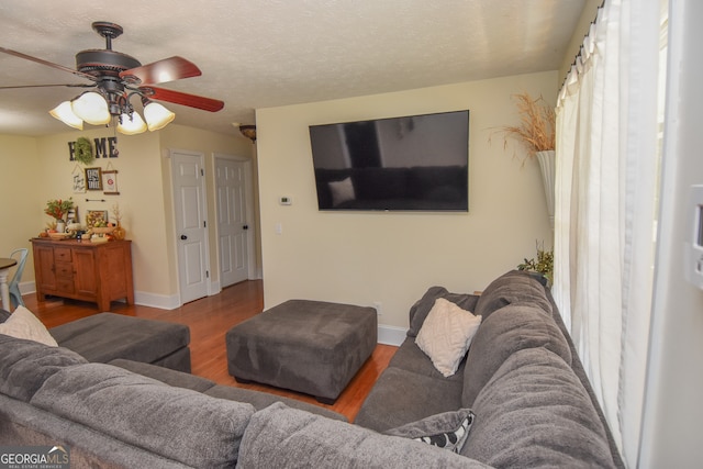 living room featuring ceiling fan, hardwood / wood-style flooring, and a textured ceiling