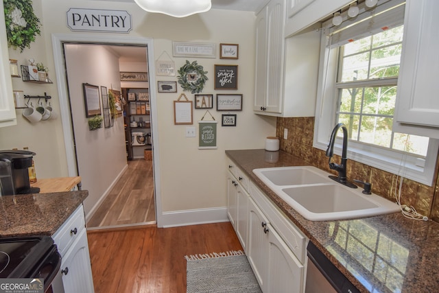 kitchen featuring tasteful backsplash, hardwood / wood-style floors, sink, and white cabinets