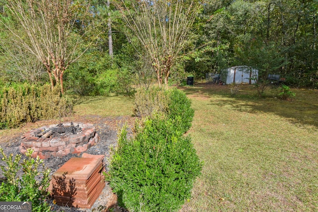 view of yard with a storage unit and an outdoor fire pit