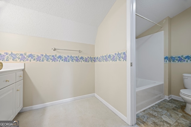 full bathroom featuring vanity, shower / washtub combination, toilet, and a textured ceiling