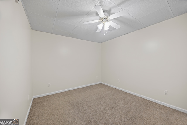 spare room with ceiling fan, a paneled ceiling, and carpet