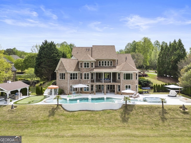 view of pool with a gazebo, a lawn, and a patio