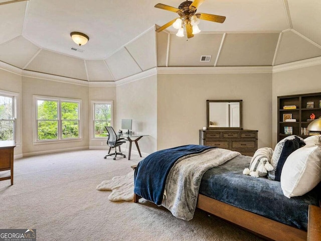 bedroom featuring carpet floors, crown molding, lofted ceiling, and ceiling fan