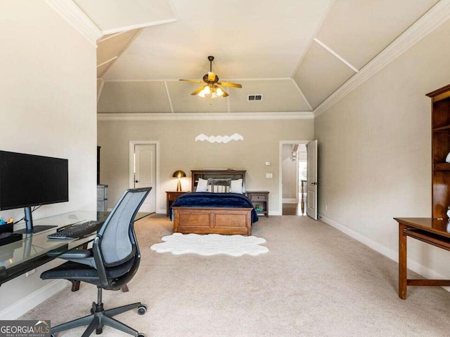 carpeted bedroom with crown molding and vaulted ceiling