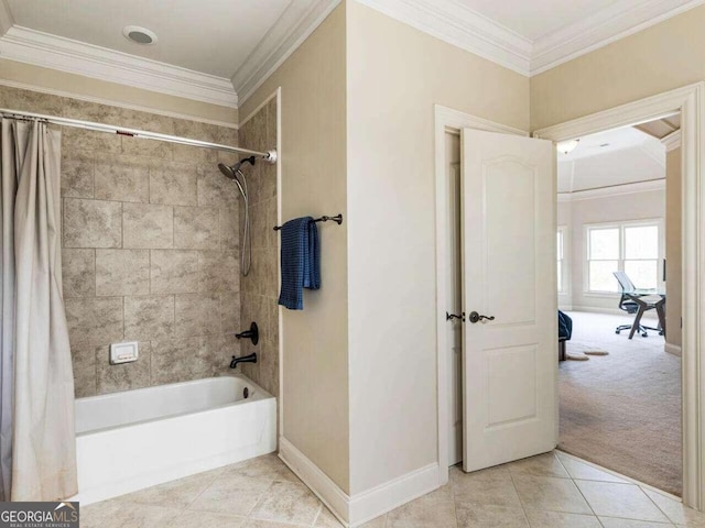 bathroom with tile patterned flooring, crown molding, and shower / bathtub combination with curtain