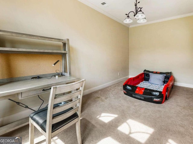 carpeted bedroom featuring ornamental molding and a chandelier