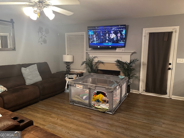 living room with ceiling fan and dark wood-type flooring