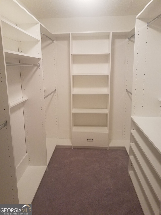 spacious closet featuring dark carpet