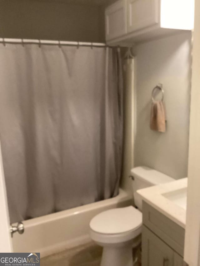 full bathroom with vanity, toilet, and shower / bathtub combination with curtain