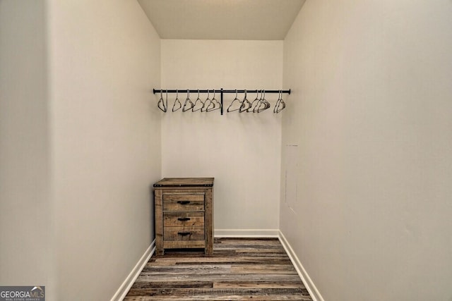 walk in closet with dark wood-type flooring