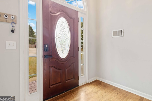 foyer entrance with light hardwood / wood-style flooring