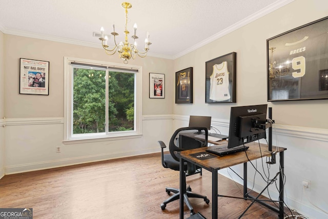 office with crown molding, a chandelier, and wood-type flooring