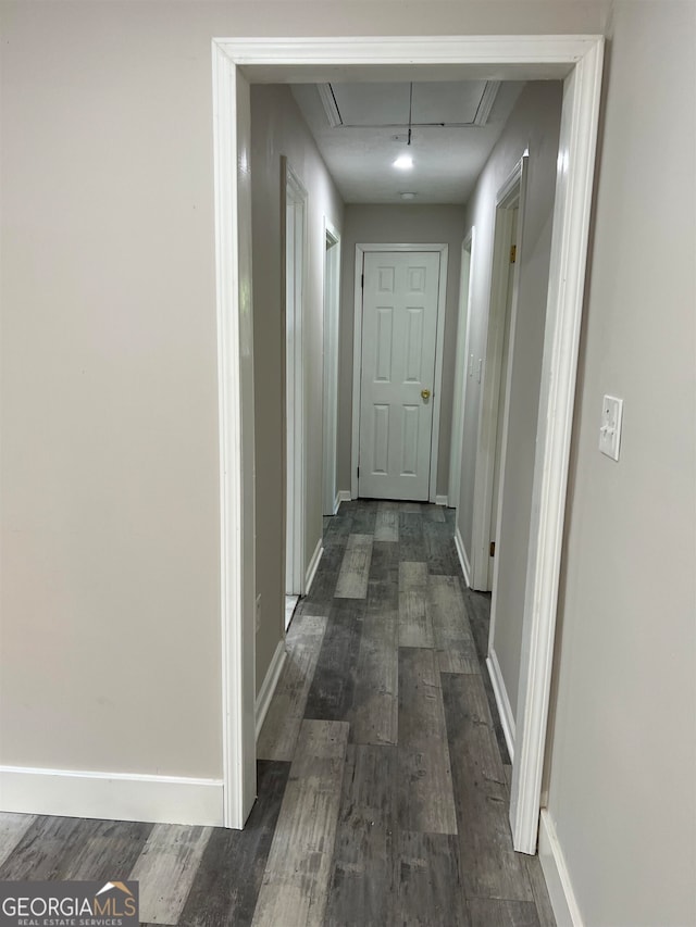 hallway with dark hardwood / wood-style floors