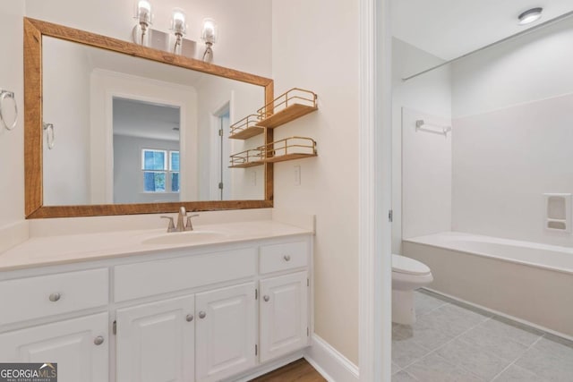 full bathroom featuring vanity, toilet, bathtub / shower combination, and tile patterned floors