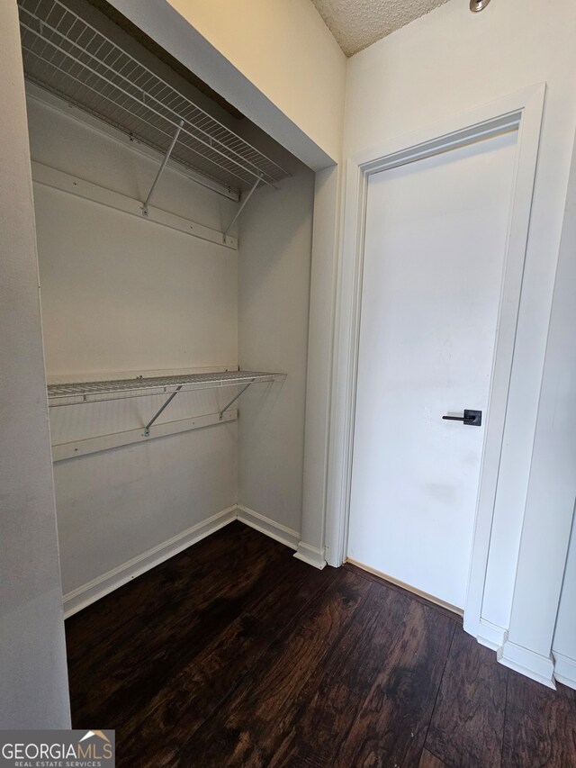 walk in closet with dark hardwood / wood-style floors