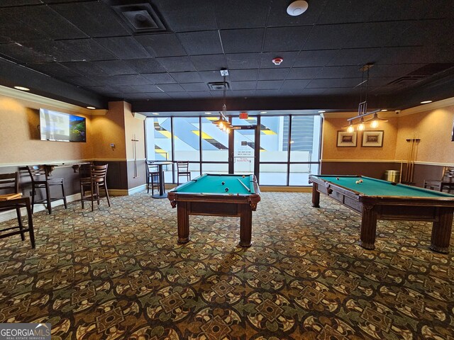 playroom featuring pool table, a paneled ceiling, and carpet