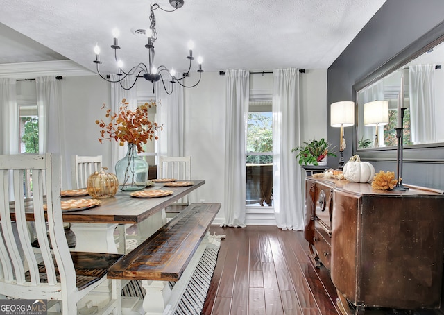 dining area with a textured ceiling, dark wood-type flooring, and a wealth of natural light