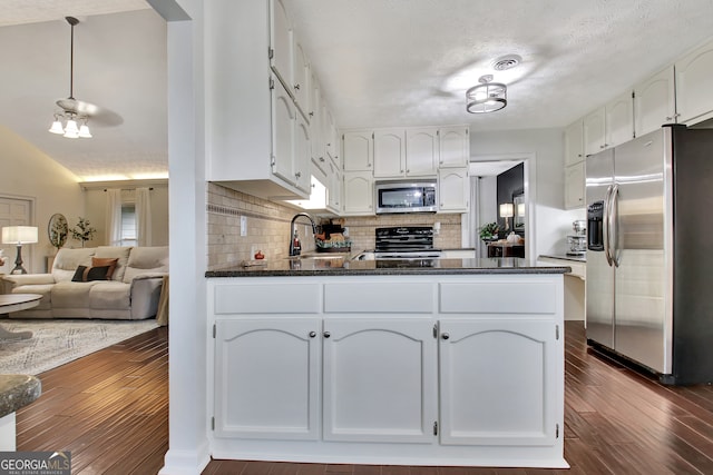 kitchen with a textured ceiling, appliances with stainless steel finishes, and dark hardwood / wood-style flooring